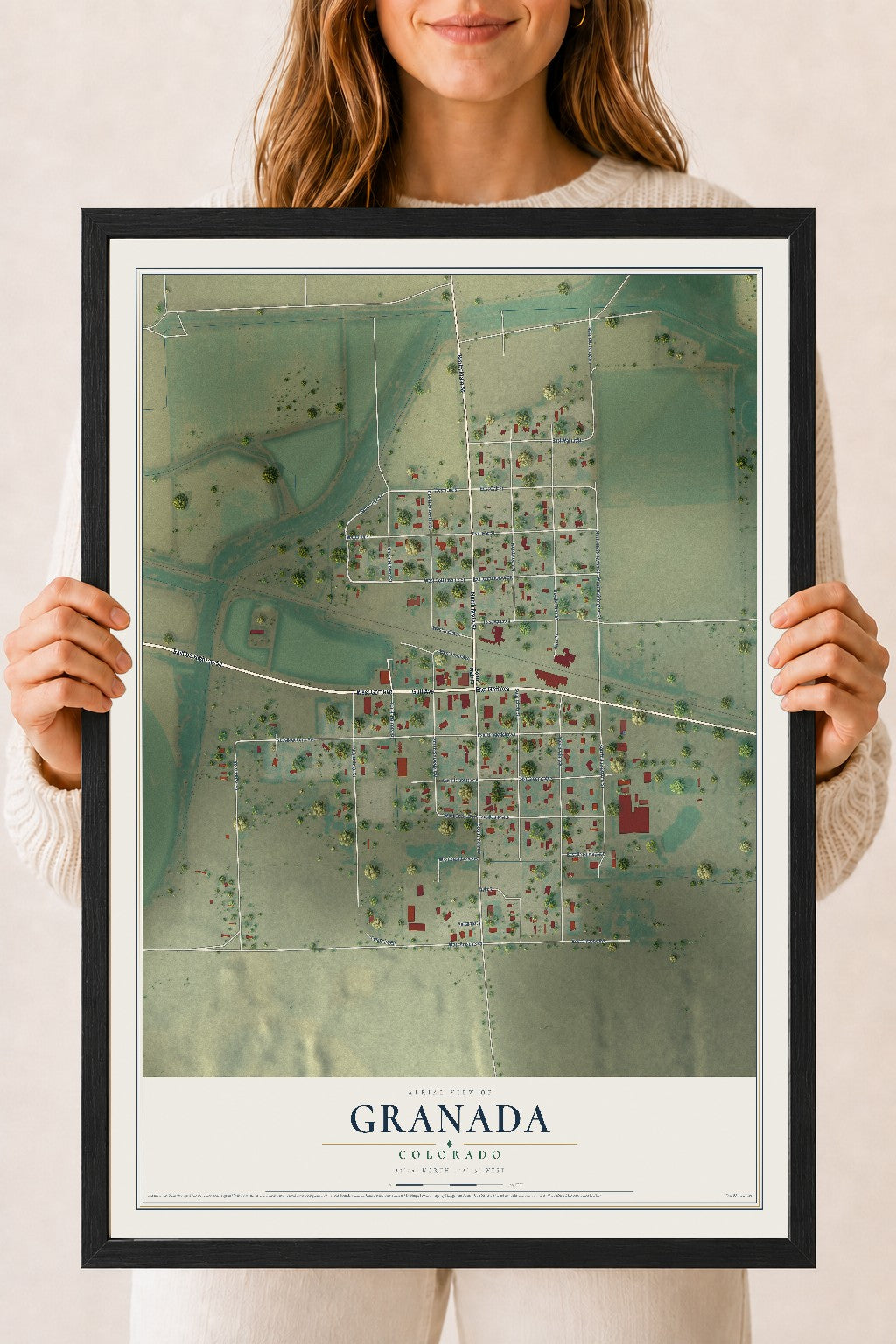 Map of Granada, Colorado, 18 x 24 inch print in a black wood frame
