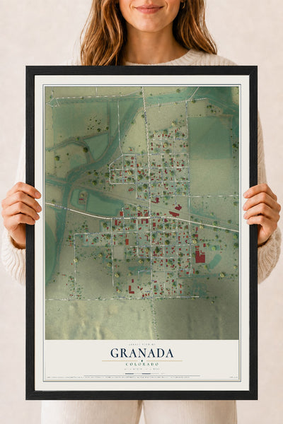 Map of Granada, Colorado, 18 x 24 inch print in a black wood frame