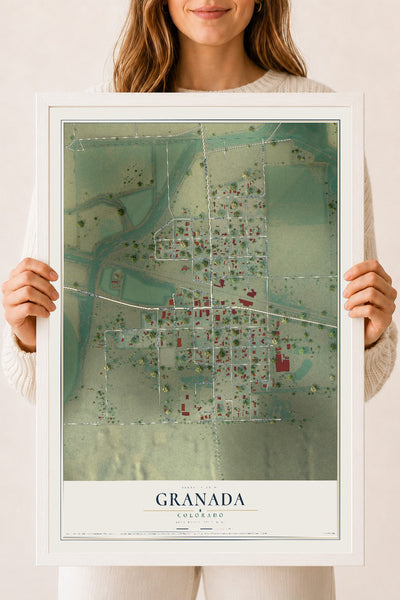 Map of Granada, Colorado, 18 x 24 inch print in a white wood frame