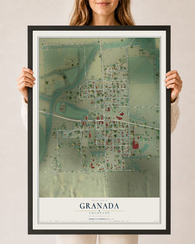 Map of Granada, Colorado, 24 x 36 inch print in a black wood frame