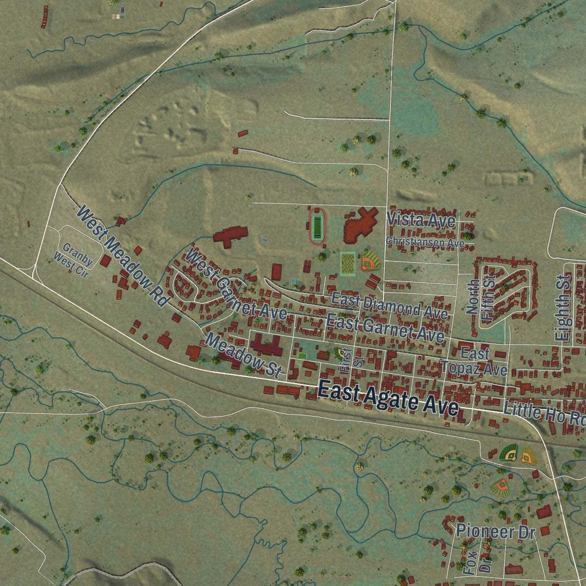 Second close-up of the map of Granby, Colorado print showing more streets and buildings