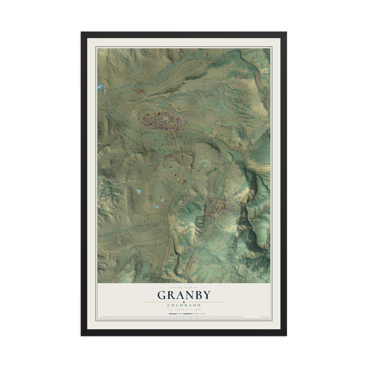 Map of Granby, Colorado, 12 x 18 inch print in a black wood frame