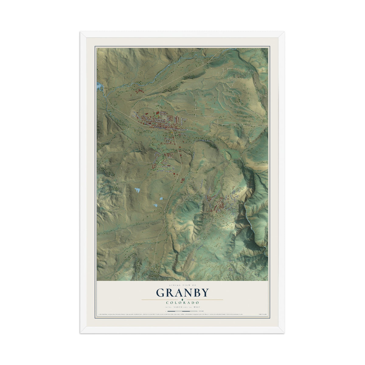 Map of Granby, Colorado, 12 x 18 inch print in a white wood frame