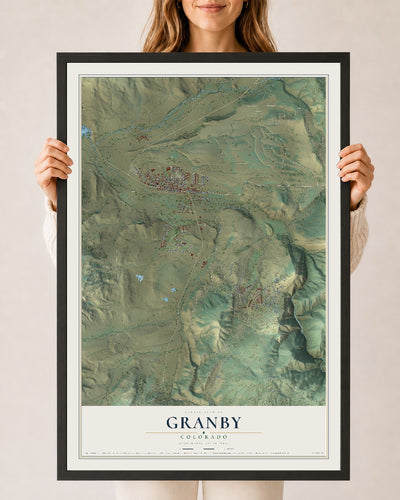 Map of Granby, Colorado, 24 x 36 inch print in a black wood frame