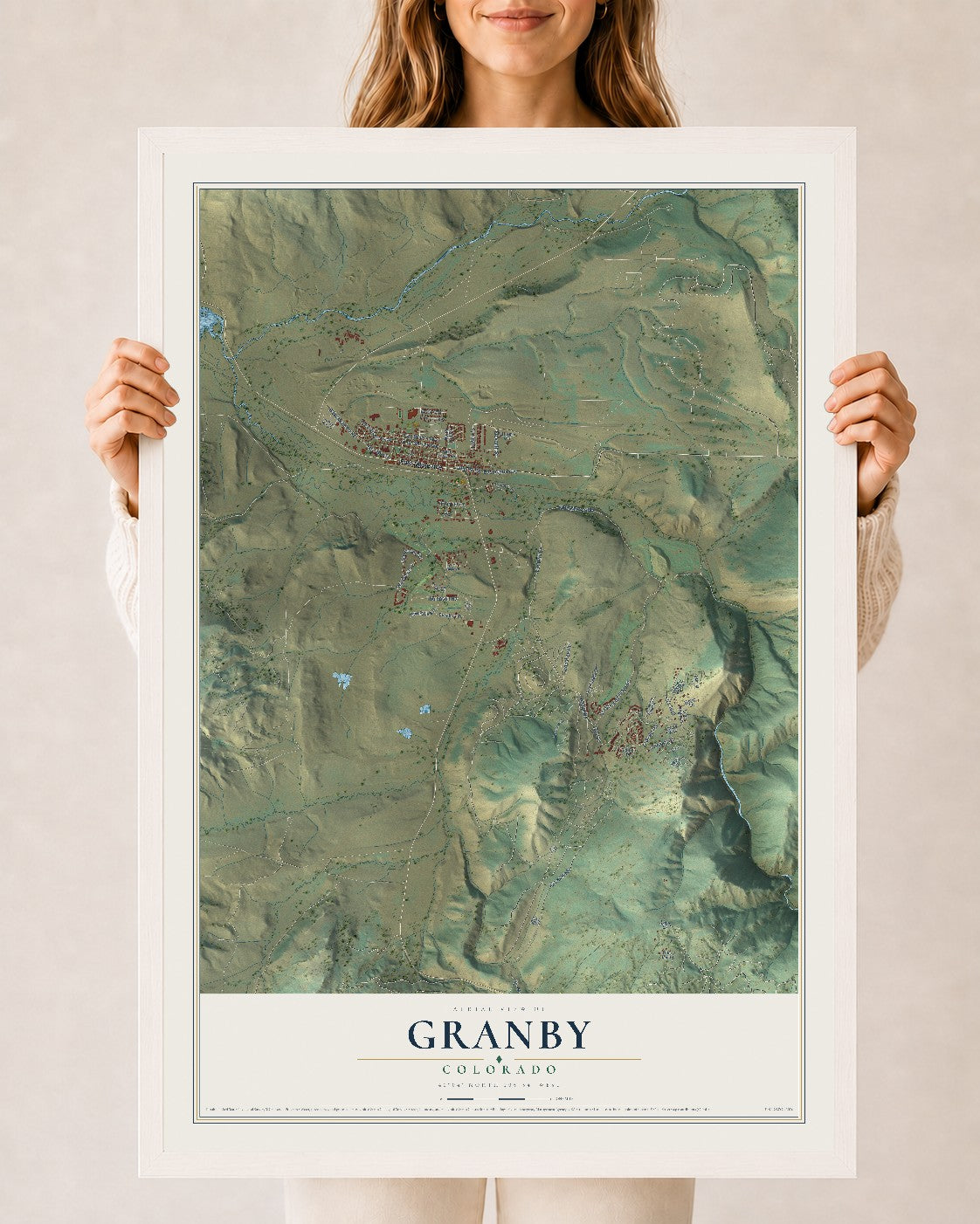Map of Granby, Colorado, 24 x 36 inch print in a white wood frame
