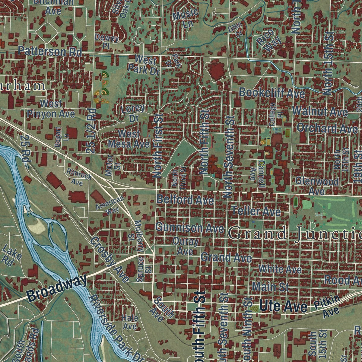 Close-up of the map of Grand Junction, Colorado print showing street and building detail
