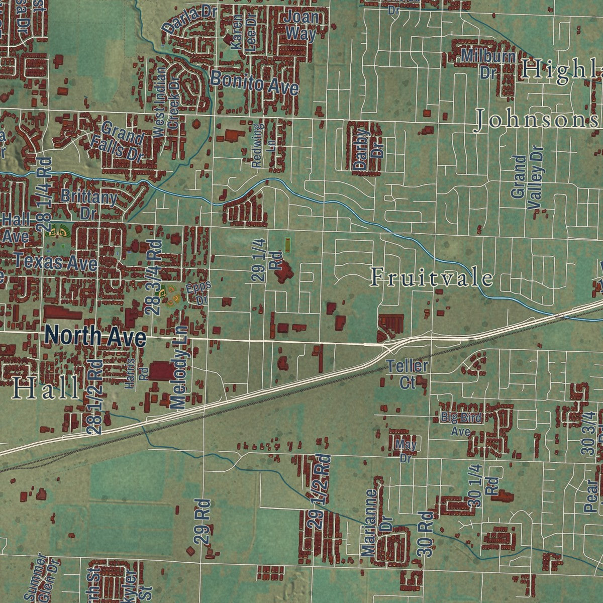 Second close-up of the map of Grand Junction, Colorado print showing more streets and buildings