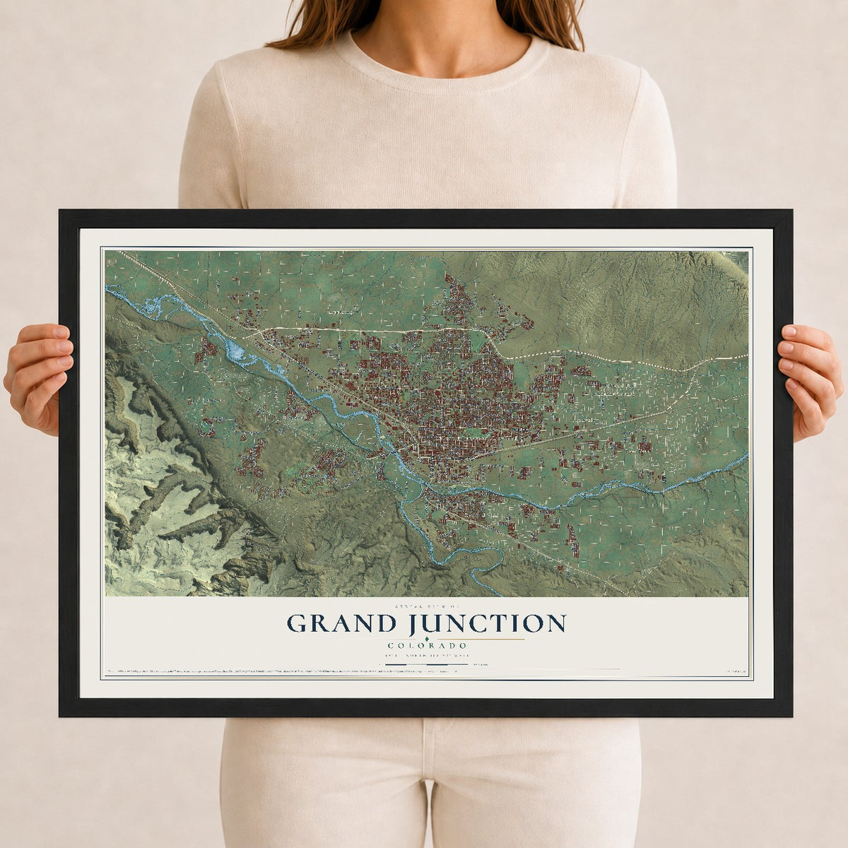 Map of Grand Junction, Colorado, 12 x 18 inch print in a black wood frame