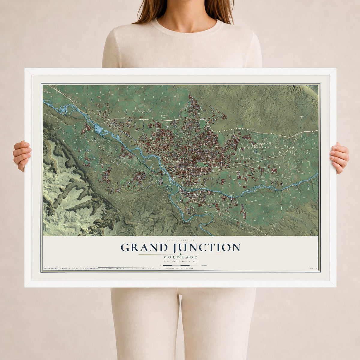 Map of Grand Junction, Colorado, 24 x 36 inch print in a white wood frame