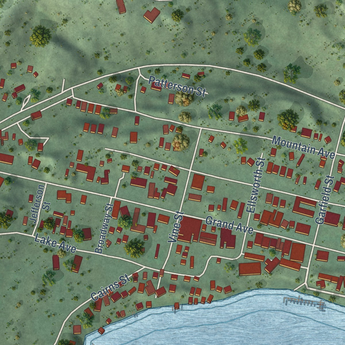 Second close-up of the map of Grand Lake, Colorado print showing more streets and buildings