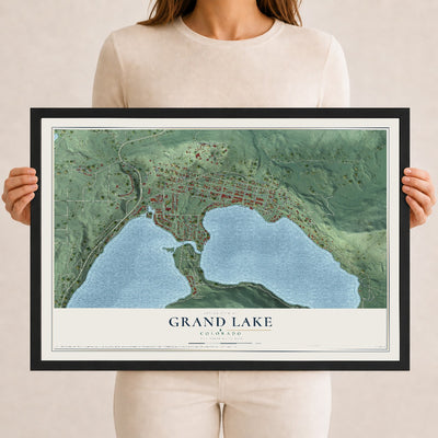 Map of Grand Lake, Colorado, 12 x 18 inch print in a black wood frame