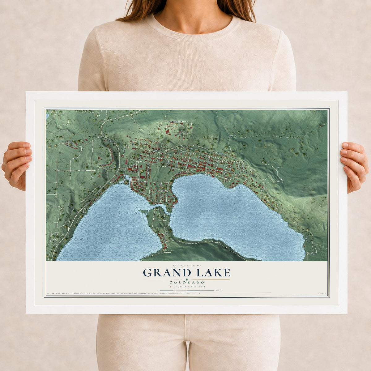 Map of Grand Lake, Colorado, 12 x 18 inch print in a white wood frame