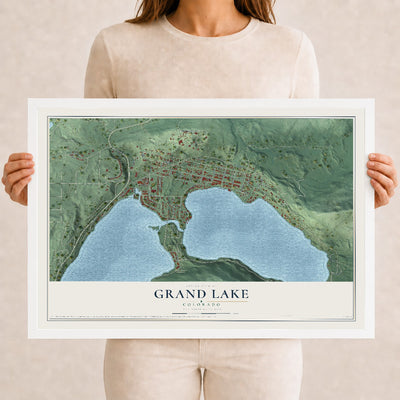 Map of Grand Lake, Colorado, 12 x 18 inch print in a white wood frame