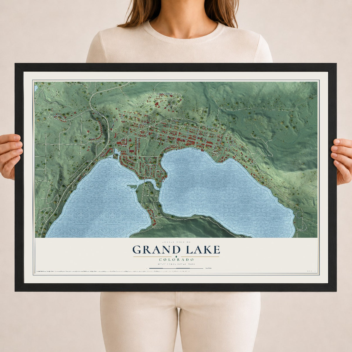 Map of Grand Lake, Colorado, 18 x 24 inch print in a black wood frame