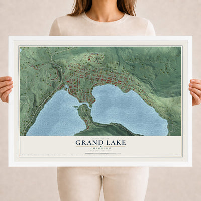 Map of Grand Lake, Colorado, 18 x 24 inch print in a white wood frame