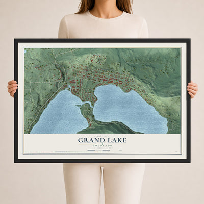 Map of Grand Lake, Colorado, 24 x 36 inch print in a black wood frame