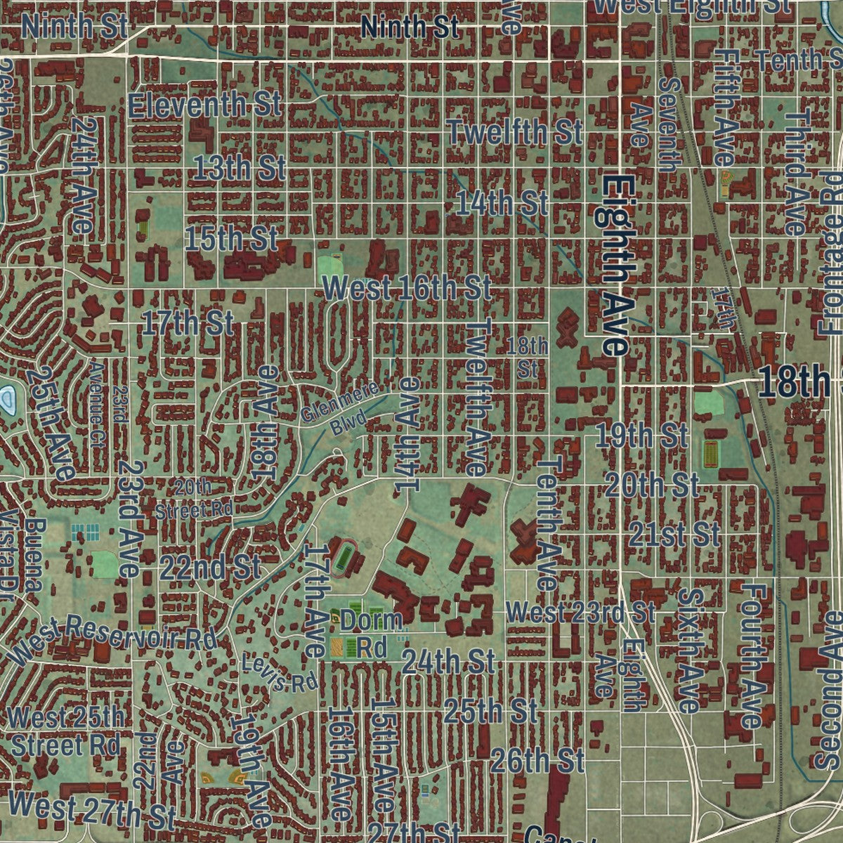 Close-up of the map of Greeley, Colorado print showing street and building detail