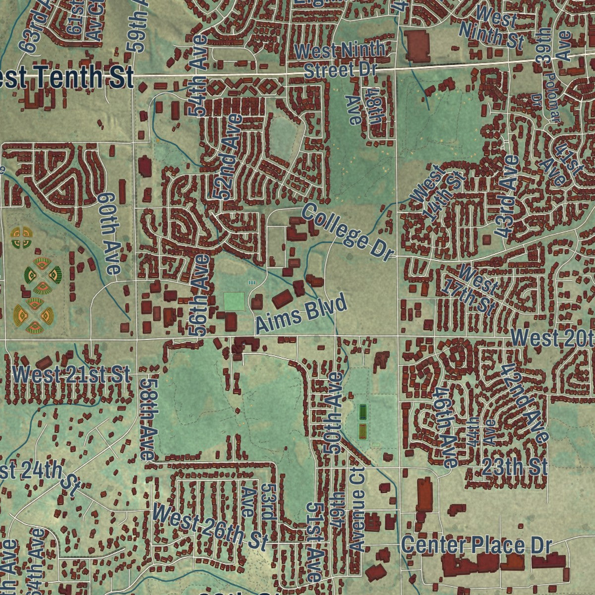 Second close-up of the map of Greeley, Colorado print showing more streets and buildings