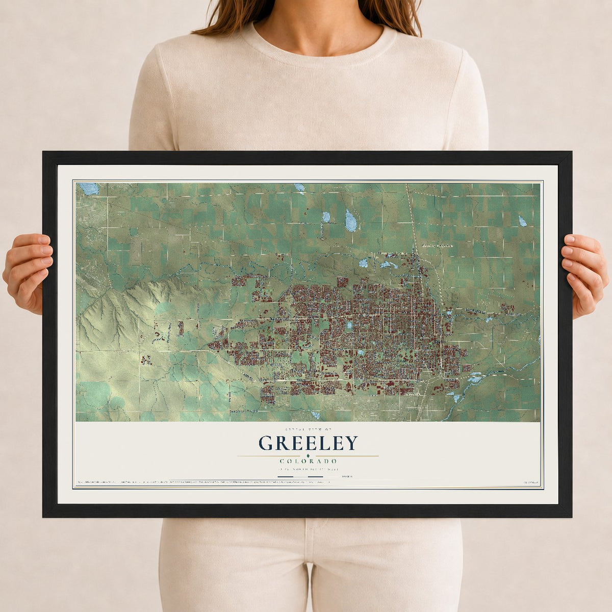 Map of Greeley, Colorado, 12 x 18 inch print in a black wood frame