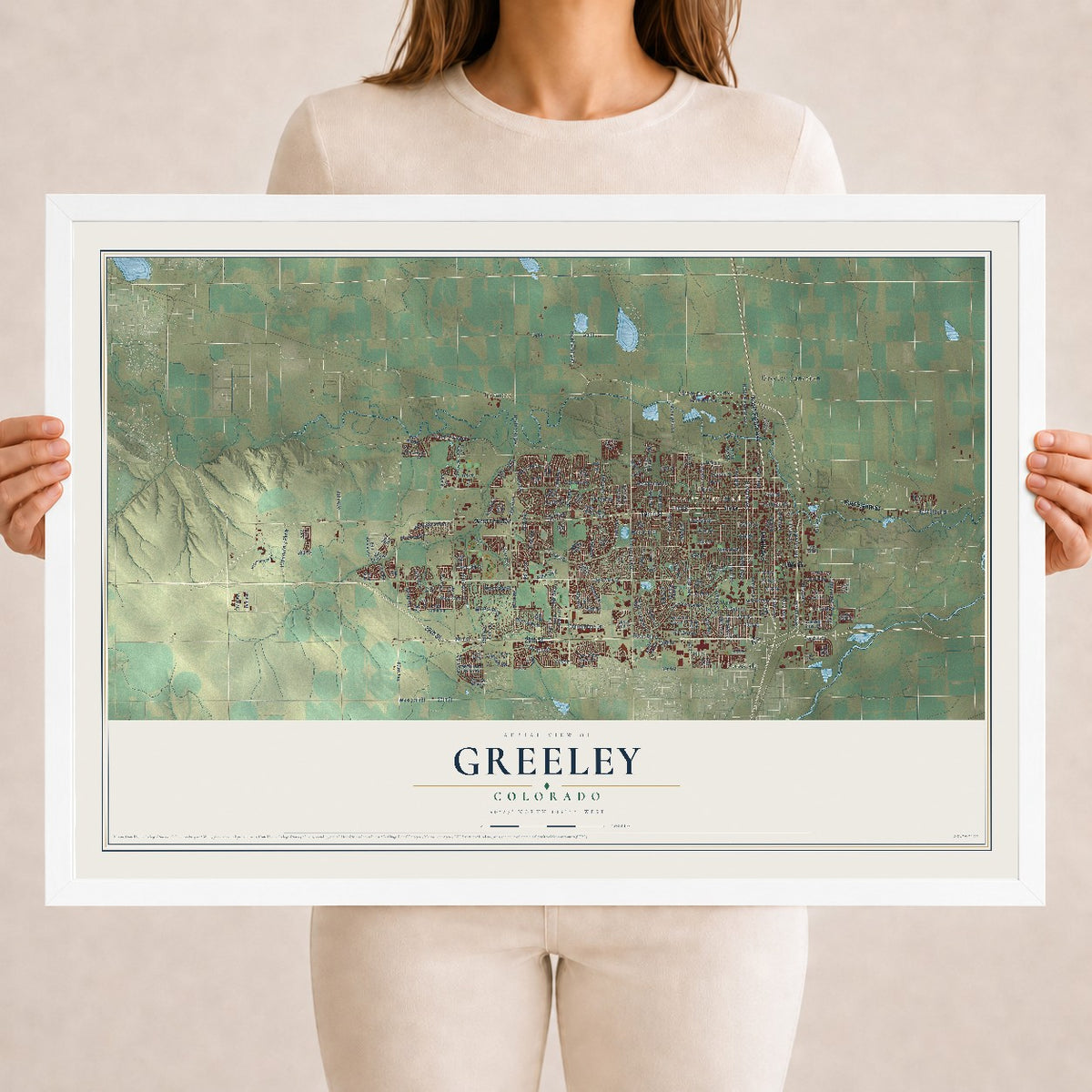 Map of Greeley, Colorado, 18 x 24 inch print in a white wood frame