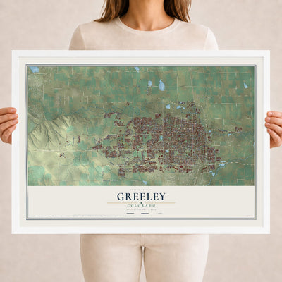 Map of Greeley, Colorado, 18 x 24 inch print in a white wood frame