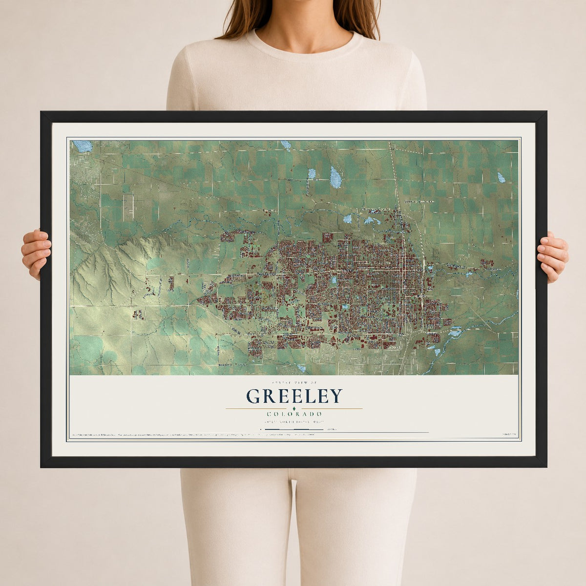 Map of Greeley, Colorado, 24 x 36 inch print in a black wood frame