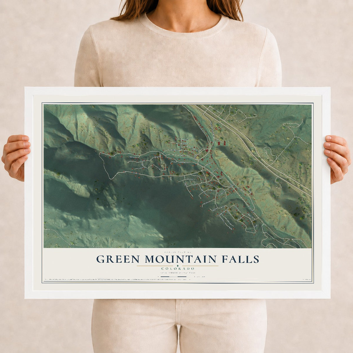 Map of Green Mountain Falls, Colorado, 12 x 18 inch print in a white wood frame