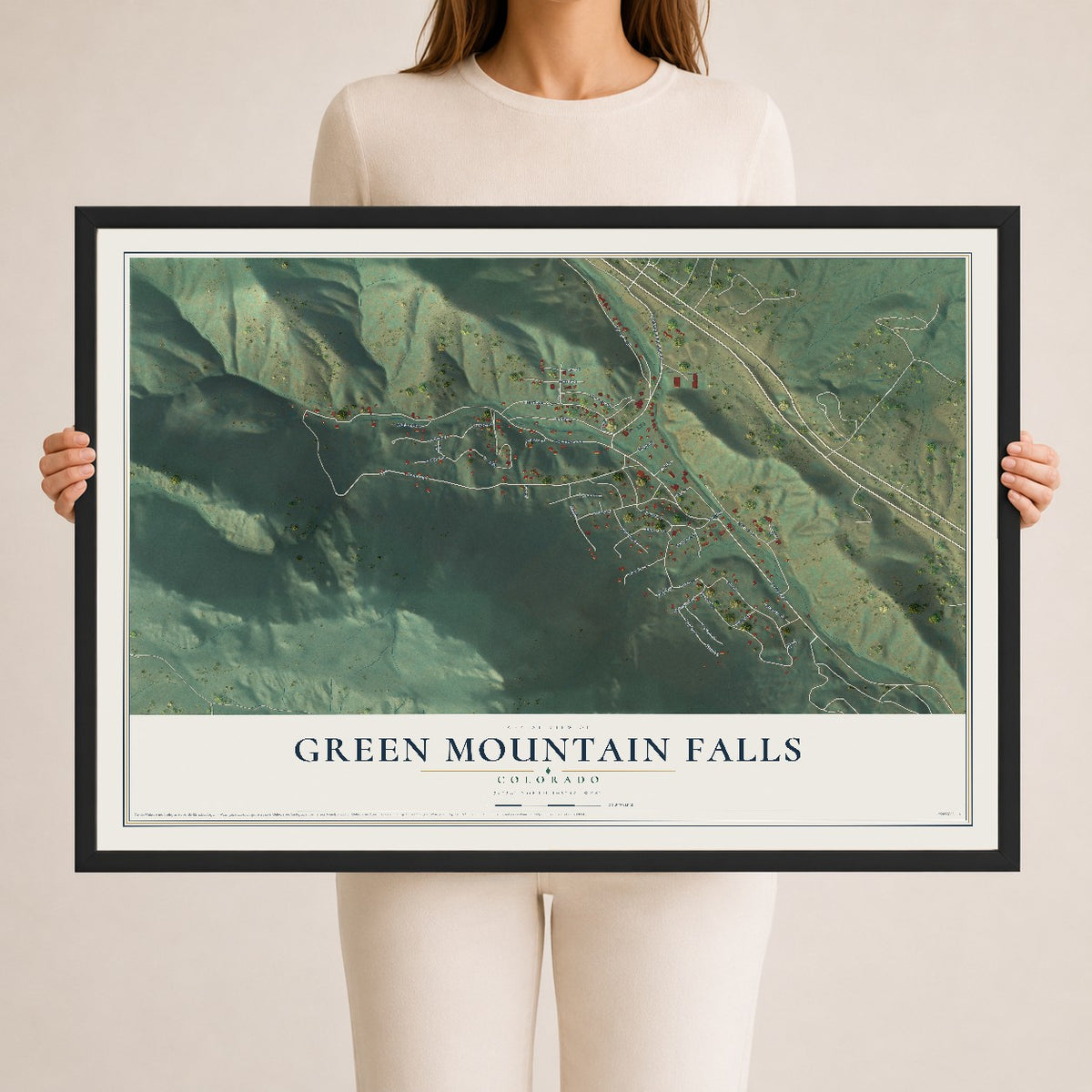 Map of Green Mountain Falls, Colorado, 24 x 36 inch print in a black wood frame