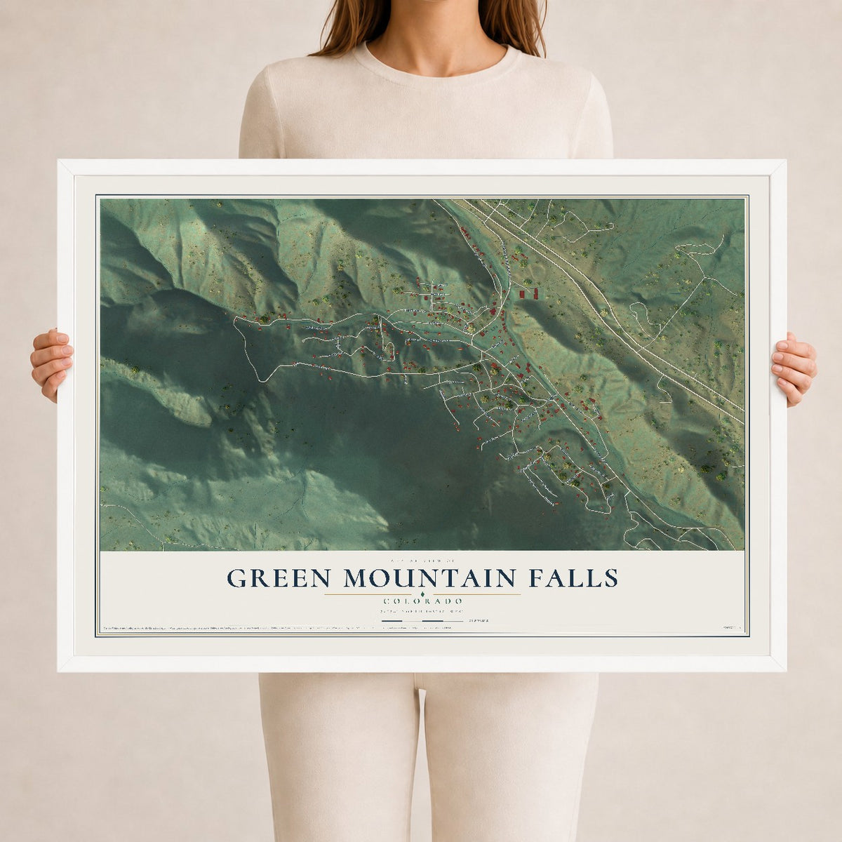 Map of Green Mountain Falls, Colorado, 24 x 36 inch print in a white wood frame