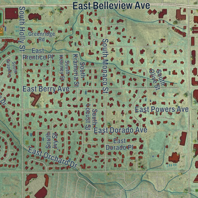 Second close-up of the map of Greenwood Village, Colorado print showing more streets and buildings