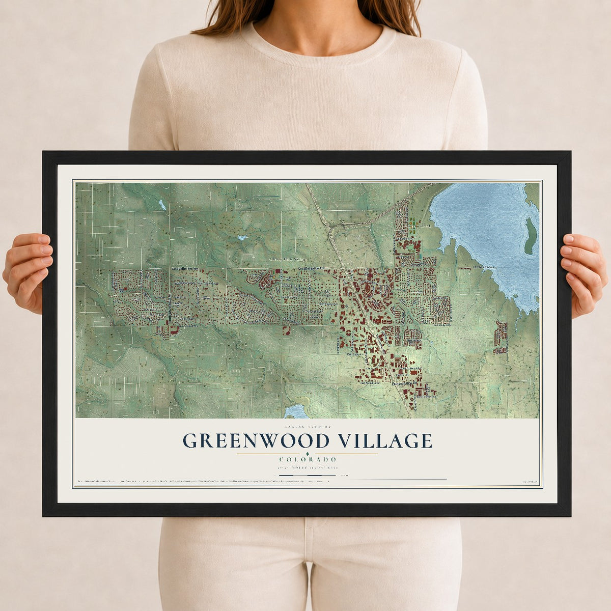 Map of Greenwood Village, Colorado, 12 x 18 inch print in a black wood frame