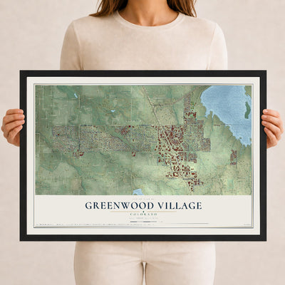 Map of Greenwood Village, Colorado, 12 x 18 inch print in a black wood frame