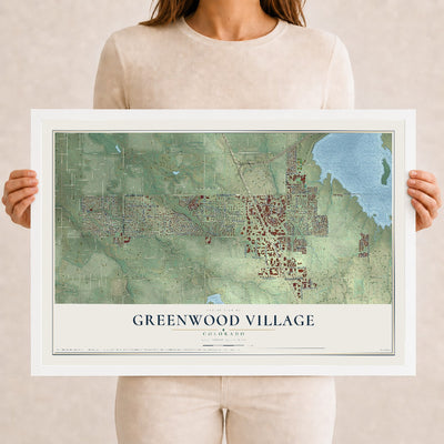 Map of Greenwood Village, Colorado, 12 x 18 inch print in a white wood frame