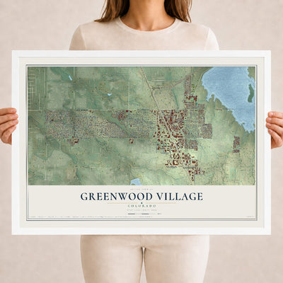 Map of Greenwood Village, Colorado, 18 x 24 inch print in a white wood frame