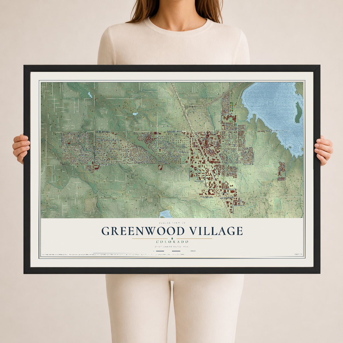 Map of Greenwood Village, Colorado, 24 x 36 inch print in a black wood frame