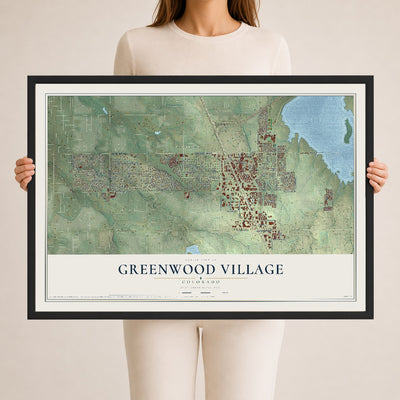 Map of Greenwood Village, Colorado, 24 x 36 inch print in a black wood frame