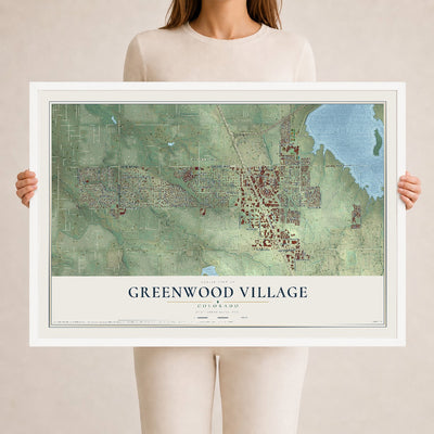 Map of Greenwood Village, Colorado, 24 x 36 inch print in a white wood frame