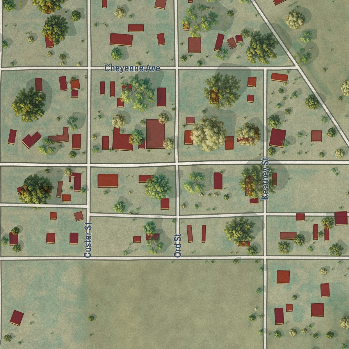 Close-up of the map of Grover, Colorado print showing street and building detail