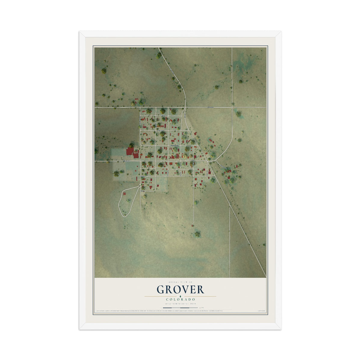 Map of Grover, Colorado, 12 x 18 inch print in a white wood frame