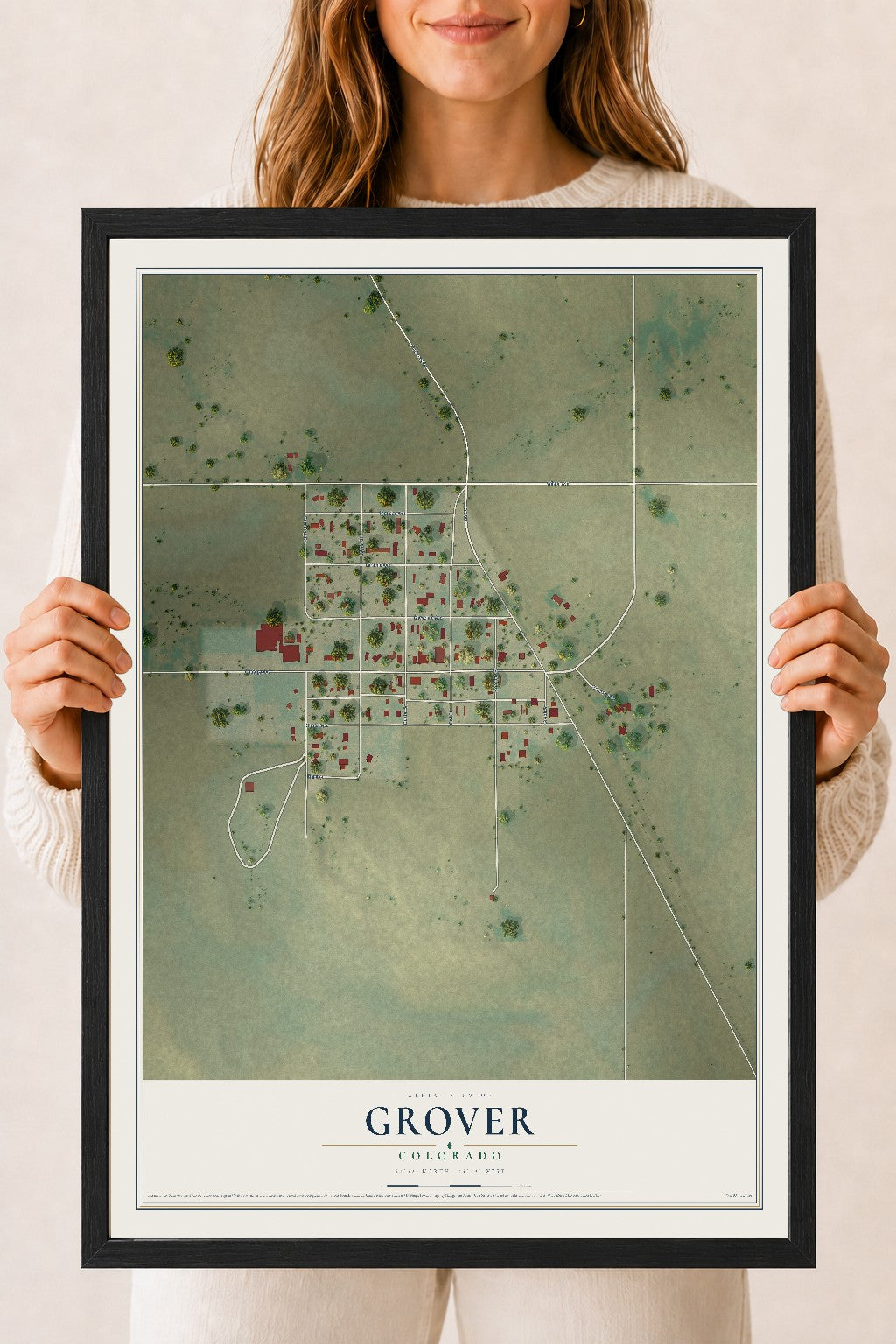 Map of Grover, Colorado, 18 x 24 inch print in a black wood frame