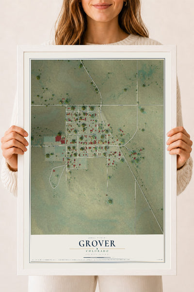 Map of Grover, Colorado, 18 x 24 inch print in a white wood frame