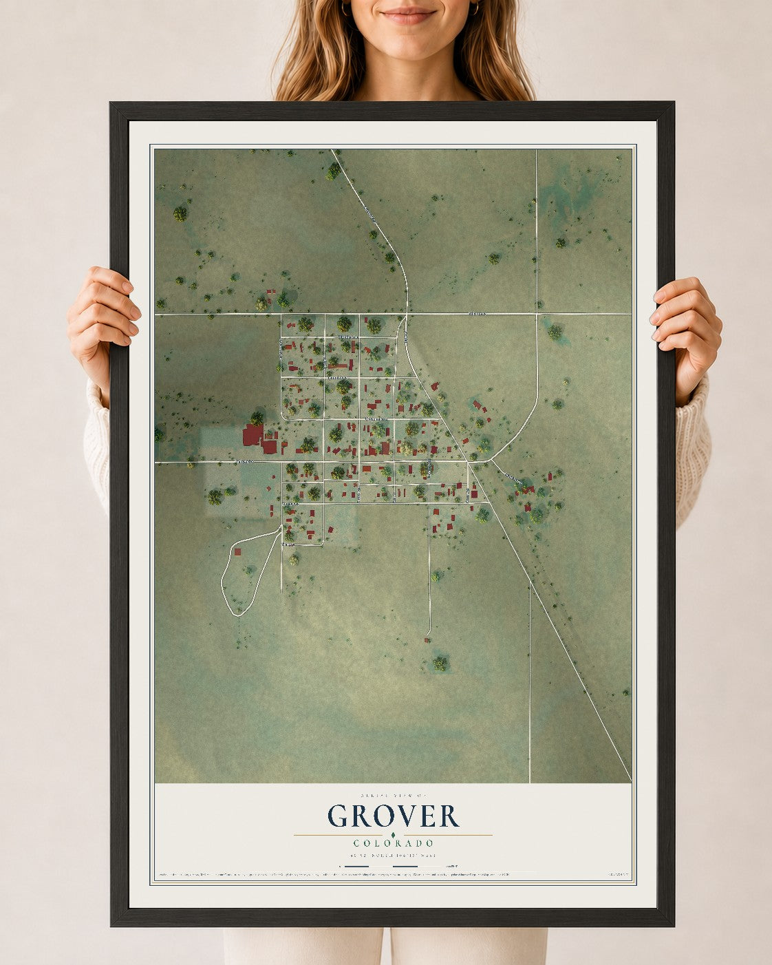 Map of Grover, Colorado, 24 x 36 inch print in a black wood frame