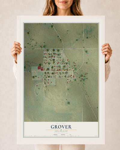 Map of Grover, Colorado, 24 x 36 inch print in a white wood frame