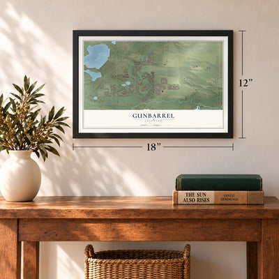 Gunbarrel, Colorado map, 12 x 18 inch print in a black frame in an entryway