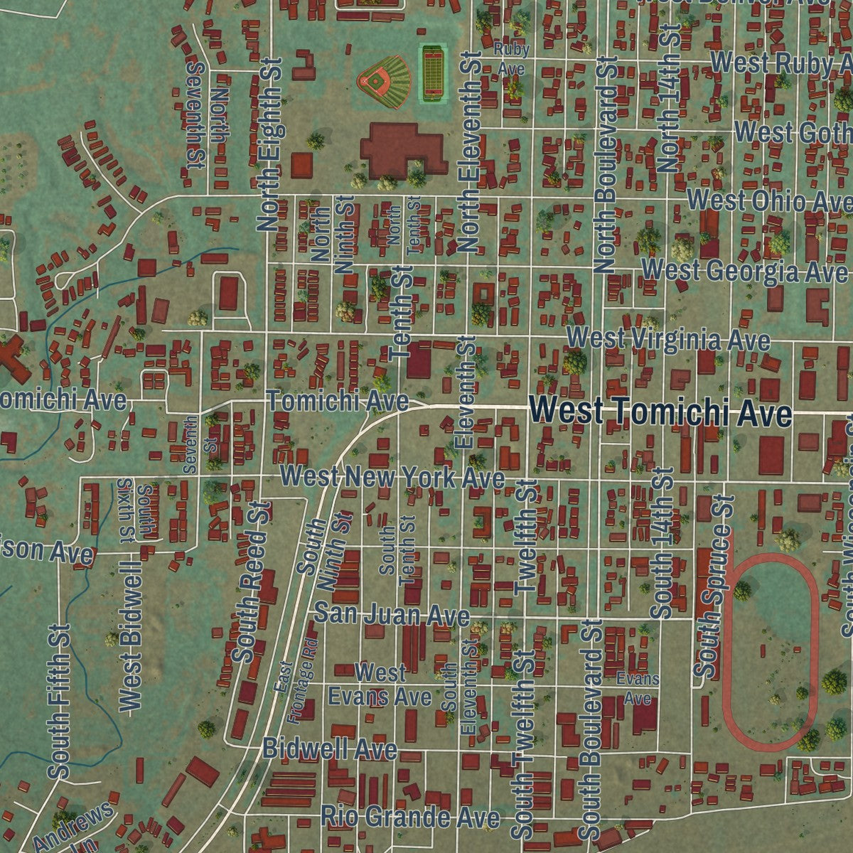 Close-up of the map of Gunnison, Colorado print showing street and building detail