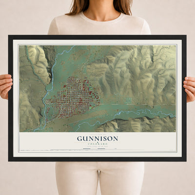 Map of Gunnison, Colorado, 18 x 24 inch print in a black wood frame