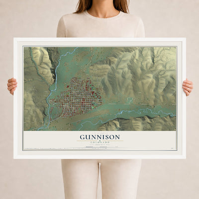 Map of Gunnison, Colorado, 24 x 36 inch print in a white wood frame