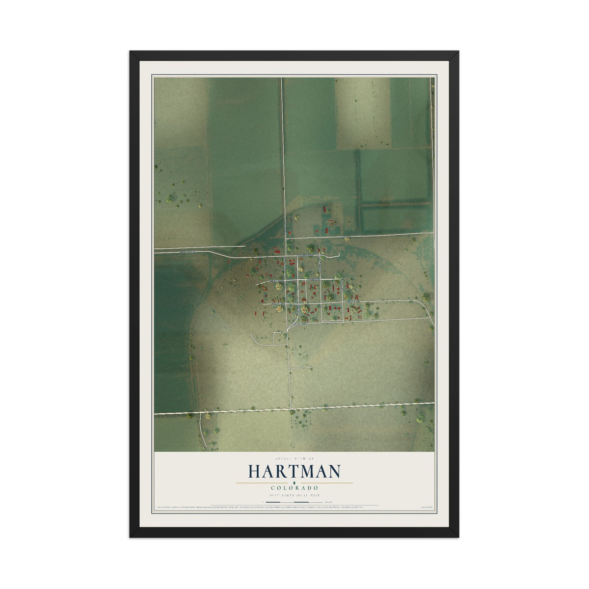 Map of Hartman, Colorado, 12 x 18 inch print in a black wood frame
