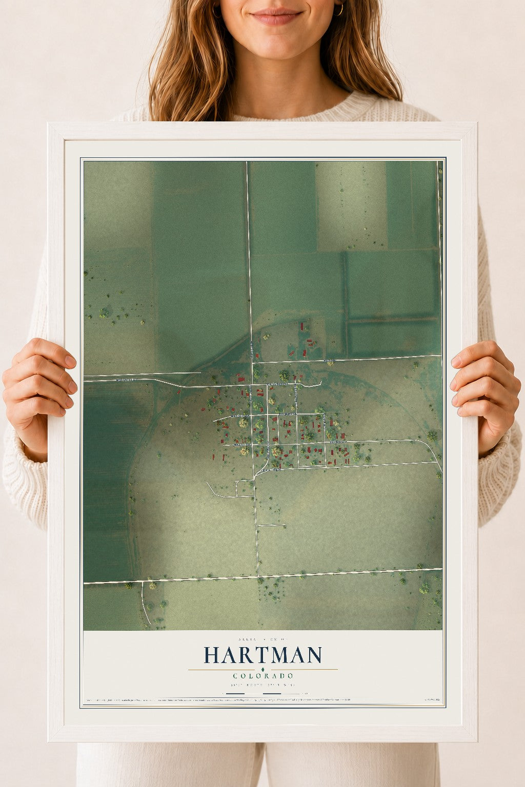 Map of Hartman, Colorado, 18 x 24 inch print in a white wood frame