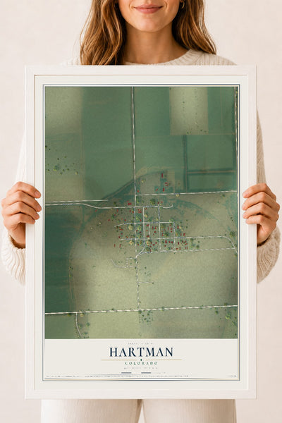 Map of Hartman, Colorado, 18 x 24 inch print in a white wood frame
